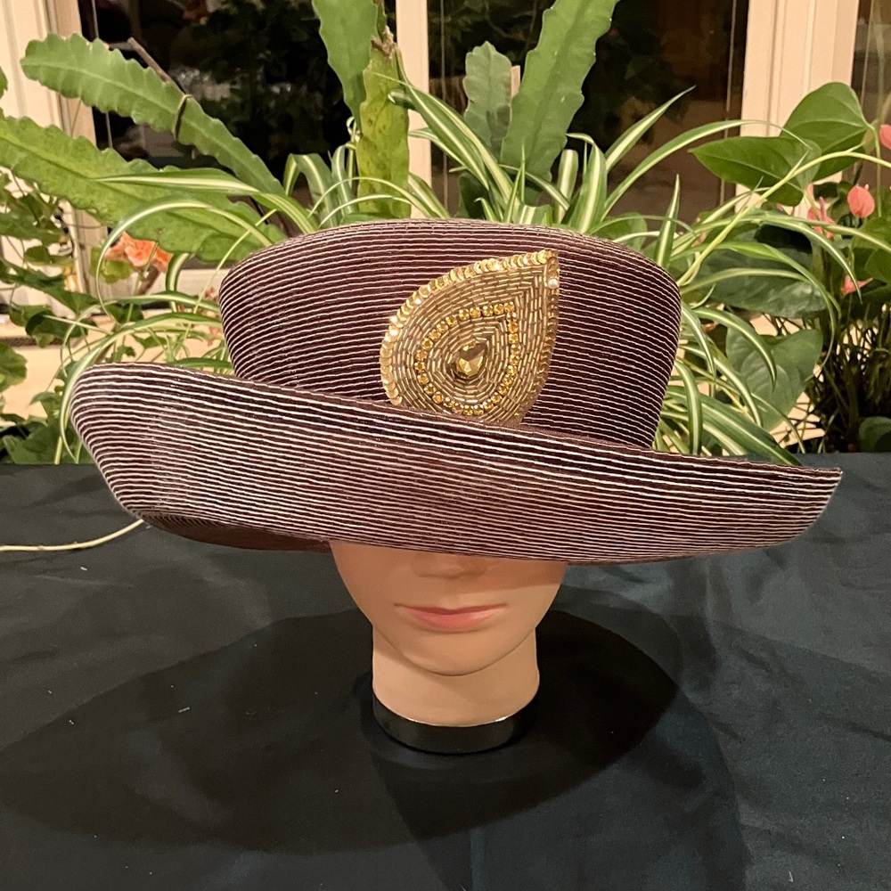 Elegant Brown Hat with Gold Crystal Beaded Leaf Accent